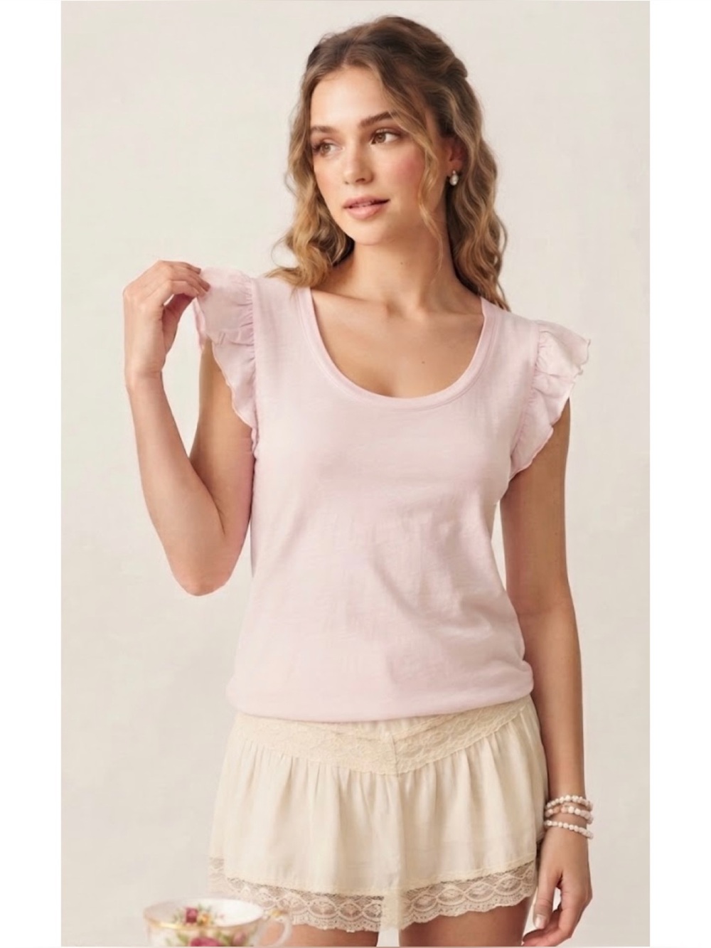 Sundry Anthropologie Pima Cotton Scoop Neck Ruffle Sleeve Slub Knit Tee